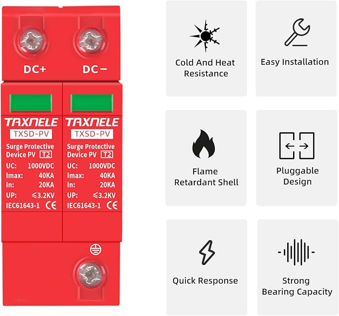 Surge Protective Arrester Device Rail Installation 2P DC SPD 1000V 600V Photovoltaic Lightning Protector House Surge Protective Low-Voltage Arrester Device 40KA (DC 800V)
