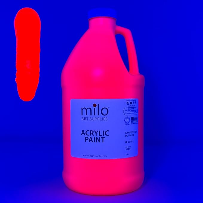 milo Fluorescent Red Neon Acrylic Paint | 64 oz Bottle Half Gallon | Glows UV in Black Light | Non-Toxic Made in USA | Bulk Art Paint for Party, Student, Classroom, Artist | Paint in the Dark