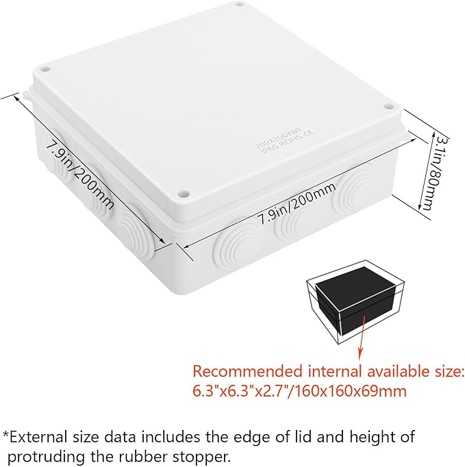 LeMotech ABS Plastic Dustproof Waterproof IP65 Junction Box Universal Electrical Project Enclosure White 7.9 x 7.9 x 3.1 inch (200 x 200 x 80 mm)