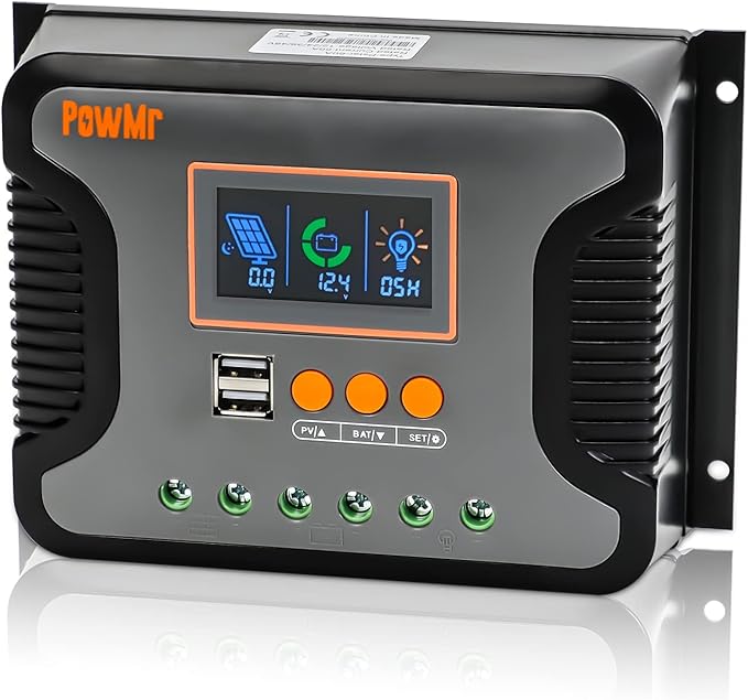 PowMr 30A 12V/24V/36V/48V PWM Solar Charge Controller w/ LCD Display USB Port for AGM, Gel, Flooded and Lithium Battery,for RVs, Yachts,Off-Gird, Max PV 100VDC,360W-1440W, Off-Gird Solar Controller