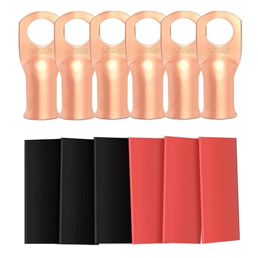 6pcs 1/0 Awg - 1/2" (M12) Sanuke Wire Lugs Ring Terminal Connectors Ends Heavy Duty for Battery Cable Lug Wire Electrical Eyelets with 3:1 Dual Wall Adhesive Heat Shrink