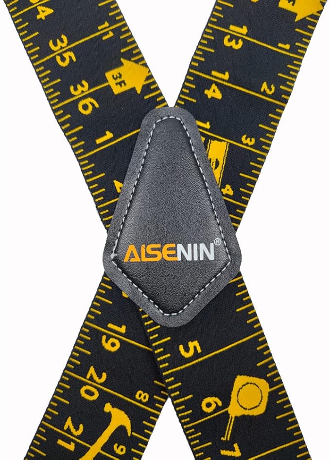 AISENIN Mens Tape Measure Suspenders, 2 Inch Wide Adjustable Work Suspenders for Tool Belts, Elastic Braces with Heavy Duty Strong Clips, Black