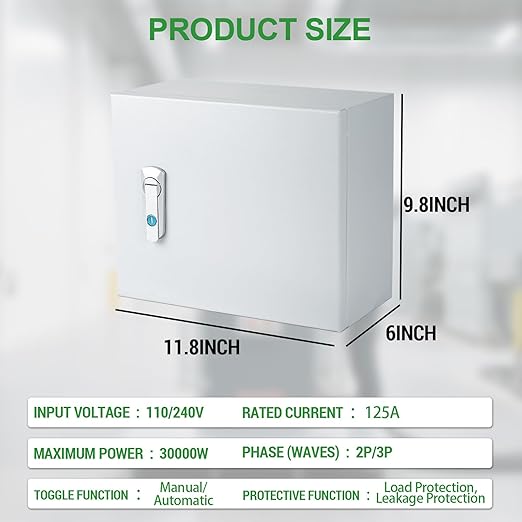 125 Amp 3P Dual Power Automatic Transfer Switch, 120/240V Generator Changeover Switch, with Metal Electrical Box for Outdoor and Indoor