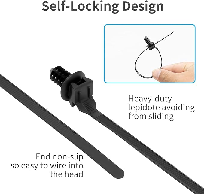 XINGO 150 PCS Push Mount Zip Ties-5 Types, Nylon Car Mount Wire Tie Snap in Cable Zip Ties, Black Push Mount Cable Ties Automotive Zips Tie Fastener Wire Harness Clips for Wire Tying