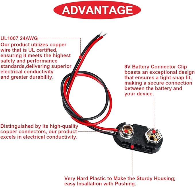 12Pcs 9v Battery Connector Clip with UL1007 24AWG Leads Wires,I-Type/T-Type Plastic Housing Pigtail Snap with Alligator Clips,2.1mm X 5.5mm DC Male/Female Power Plug,for Arduino Led Light