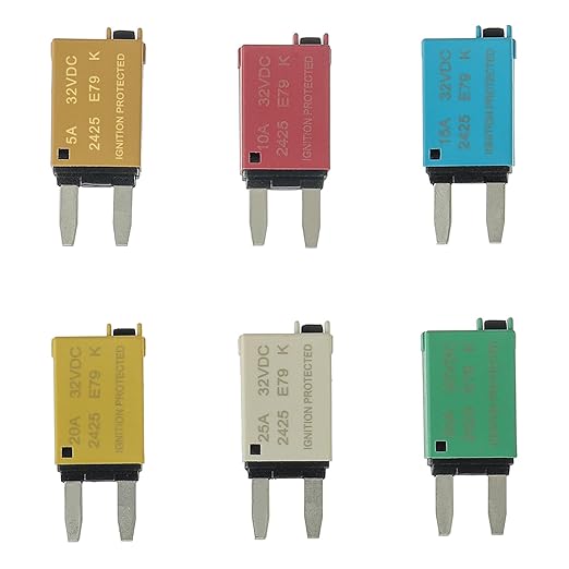 5A 10A 15A 20A 25A 30A DC 12V-32V Manual Reset Circuit Breaker ATM Low Profile T1 Mini Blade Fuses Breakers for Car Trucks Marine Boat RV Solar and More
