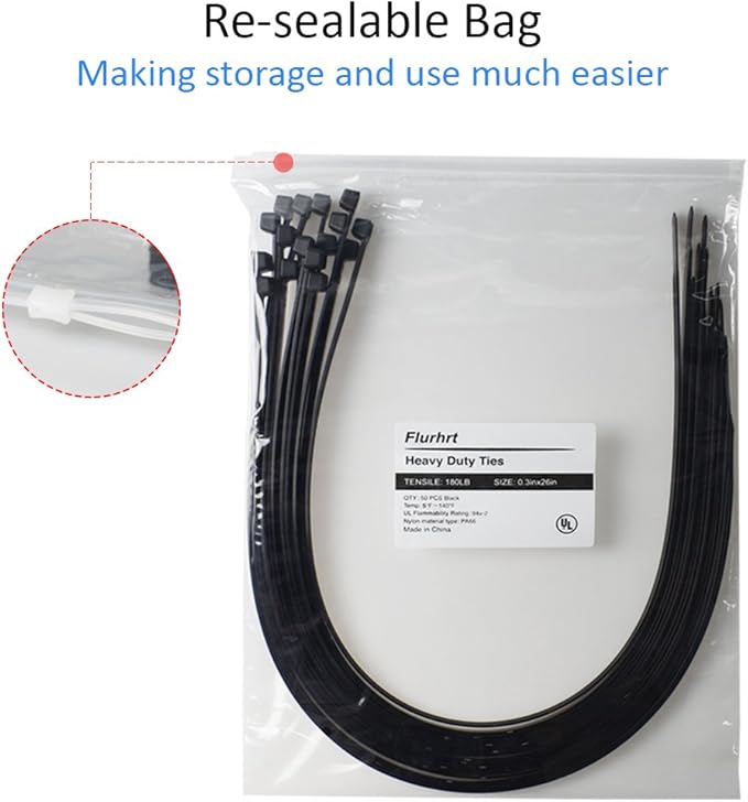 Cable Zip Ties Heavy Duty 26 Inch, Ultra Strong Plastic Wire Ties with 180 Pounds Tensile Strength, 50 Pieces, Durable Nylon Black tie Wraps, Indoor and Outdoor UV Resistant, Quality Cable Ties