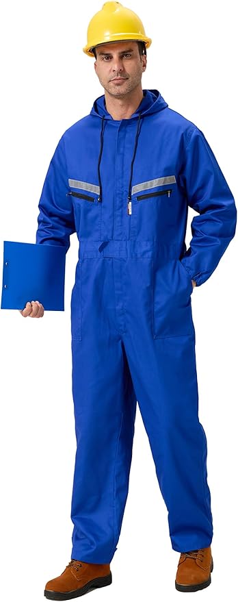 Mens Work Coveralls Mechanic Hooded Overall Workwear Jumpsuits Long Sleeve Hi Viz Coverall with Zippers