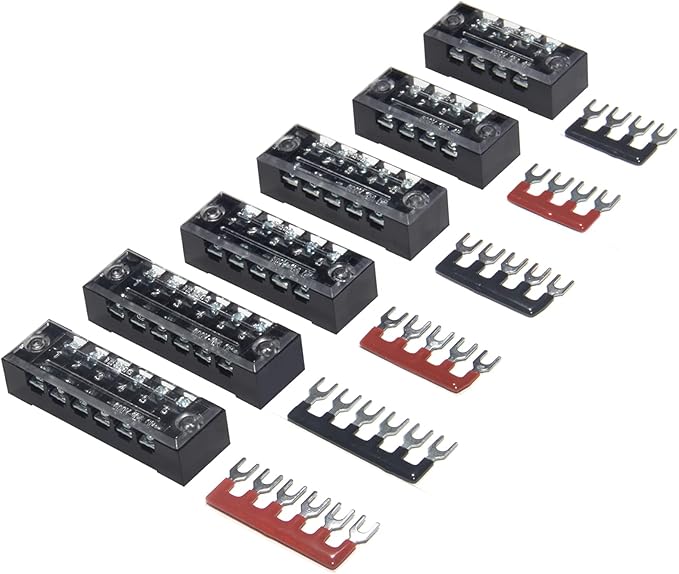 MILAPEAK Terminal Block and Strip - 6 Sets 4/5/6 Positions 600V 15A Dual Row Wire Screw Terminal Strip Block with Cover + 400V 15A Pre-Insulated Terminals Barrier Strips Jumpers (Black & Red)