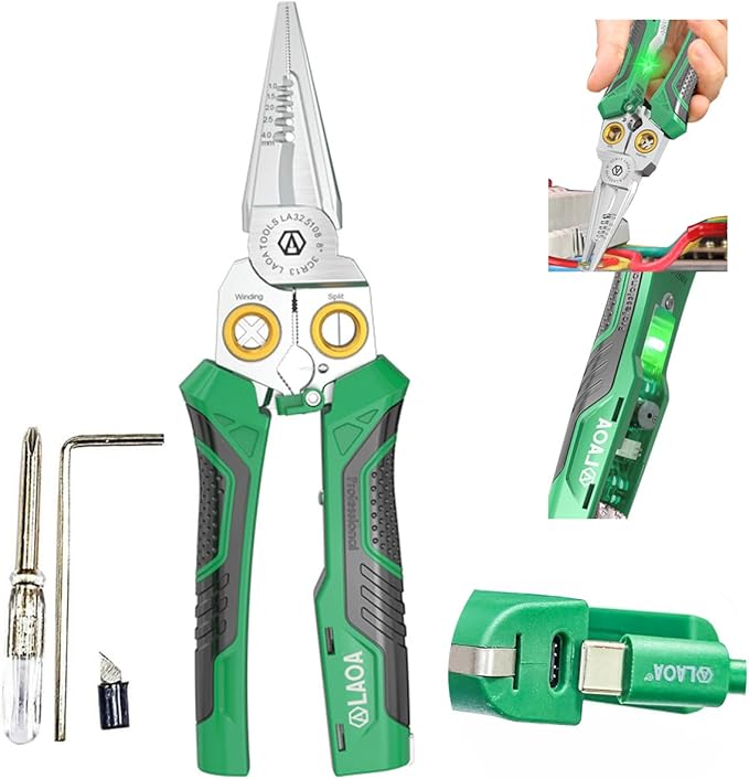 LAOA 8-in-1 Rechargeable Electrician Pliers with Voltage Tester, USB-C Charging – AC/DC 12-250V Non-Contact Detector, Wire Stripper/Cutter/Splitter for Electrical, HVAC, Automotive