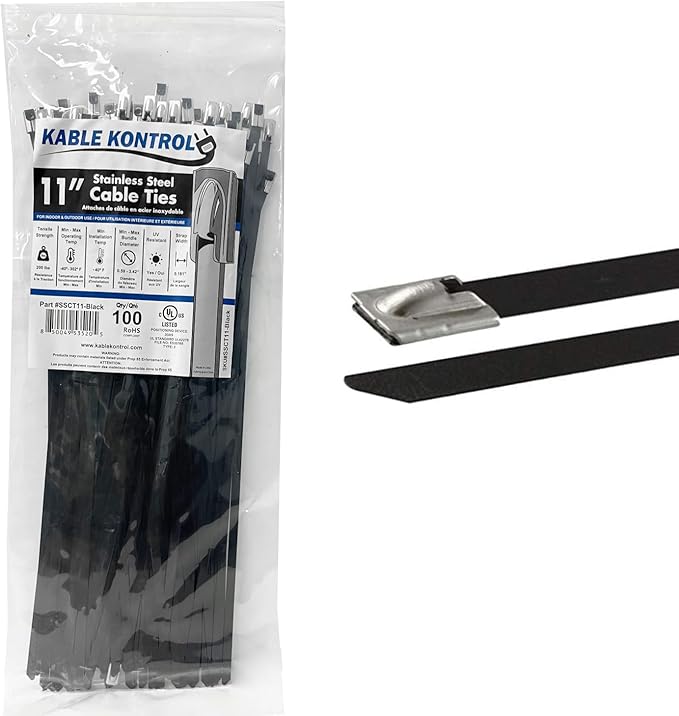 Kable Kontrol Black Metal Zip Ties - 11" Inch Long 100 Pcs, 200 Lbs Tensile Strength, Polyester Coated 304 Stainless Steel Cable Ties UV & Chemical Resistance, for Indoor & Outdoor Use