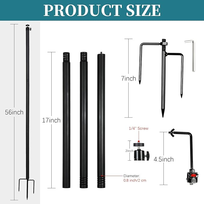 Heavy Duty Ground Stake Mount Stand, 2-Pack Upgraded 56" Trail Camera Holders with 4-Pack 360° Adjustable Ball Heads 1/4"-20(6mm) for Outdoor Trail Camera, DSLR, Solar Panel, LED Light, Birdhouse