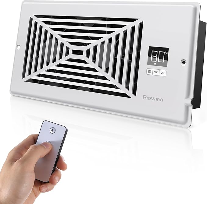 Quiet Register Booster Fan Fits 4" x 10" Register Holes, 10-Speed Smart Heating Cooling AC Vent Fan with Remote Control and Thermostat Control - White