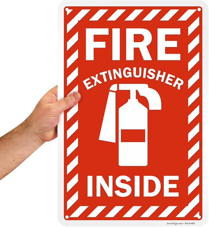 SmartSign 18 x 12 inch “Fire Extinguisher Inside” Sign with Pre-cleared Holes, Digitally Printed, 55 mil HDPE Plastic, Red and white, Made in USA