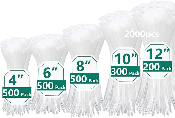 2000 PCS Zip Ties Assorted Sizes 4+6+8+10+12 Inch Self-locking Nylon Cable ties Heavy Duty Outdoor, UV Resistant Wire Straps for Home Office Garden Workshop Indoor Outdoor Fence((White)