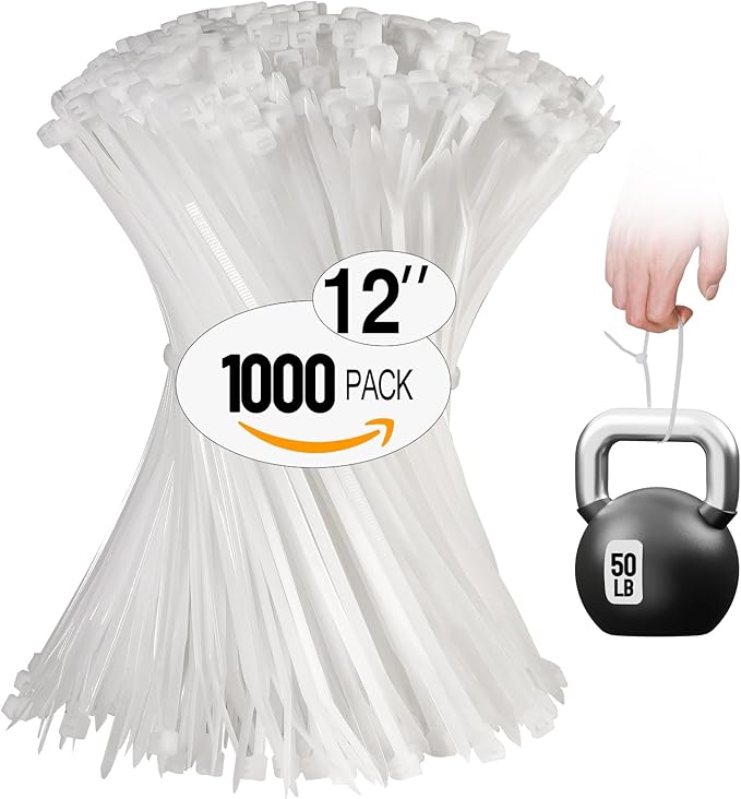 White Zip Ties 12 Inch 1000 Pack, 50 lbs Heavy Duty Tensile Strength, UV Resistant Self-Locking Nylon Cable Ties for Bulk Indoor/Outdoor Use (Fence, Garage, Camping)
