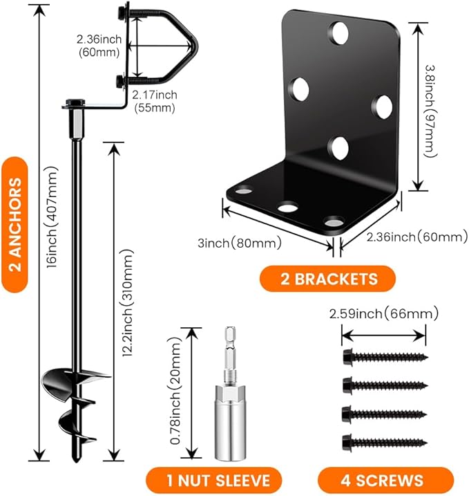 Ground Anchors Shed Anchors 14" Set of 2 Trampoline Stakes Screw in Heavy Duty Mobile Home - Storage Shed Anchor Kit - Playset Swing Anchors - Stakes for Fence,Carport,Garden (Black, 2 x 14in)