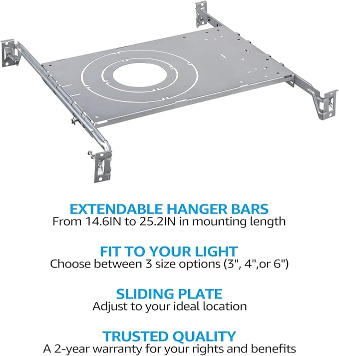 TORCHSTAR New Construction Mounting Plate, 3/4/6 Inch LED Recessed Lighting Kits, Compatibility Upgrade, Extendable Hanger Bars, Shallow Recessed Light Housing, Pack of 6