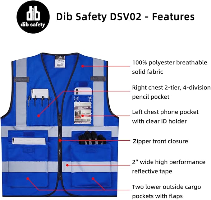 Dib Safety Reflective Vest ANSI Class 2, High Visibility Vest with Pockets and Zipper, Construction Work, Hi Vis