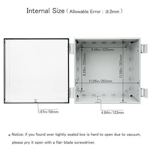Junction Box IP65 Waterproof ABS Plastic Enclosure Hinged PC Clear Cover Electrical Project Box with Mounting Plate, Wall Brackets, Cable Glands 11.8" x 11.8" x 7.1"