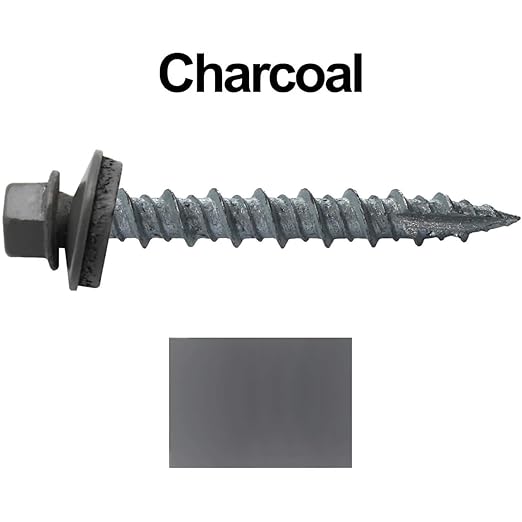 Metal Roofing Screws: (250) 10 x 1-1/2" Charcoal Hex Head Sheet Metal Roof Screw. Self Starting Metal to Wood siding Screws. EPDM Washer. Colored Head
