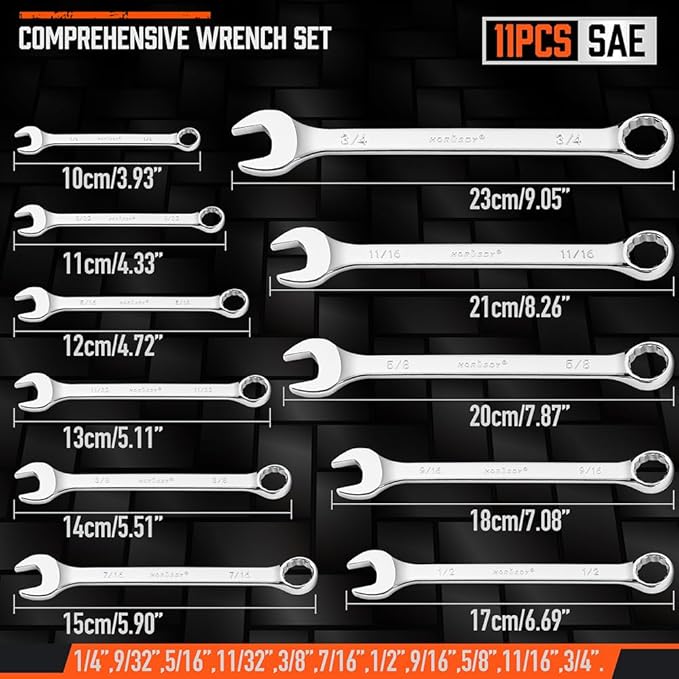 HORUSDY 11-Piece Sae Wrench Set | Combination Wrench Set with Organizer | 12 Point | 1/4" - 3/4" | Chrome Vanadium Steel