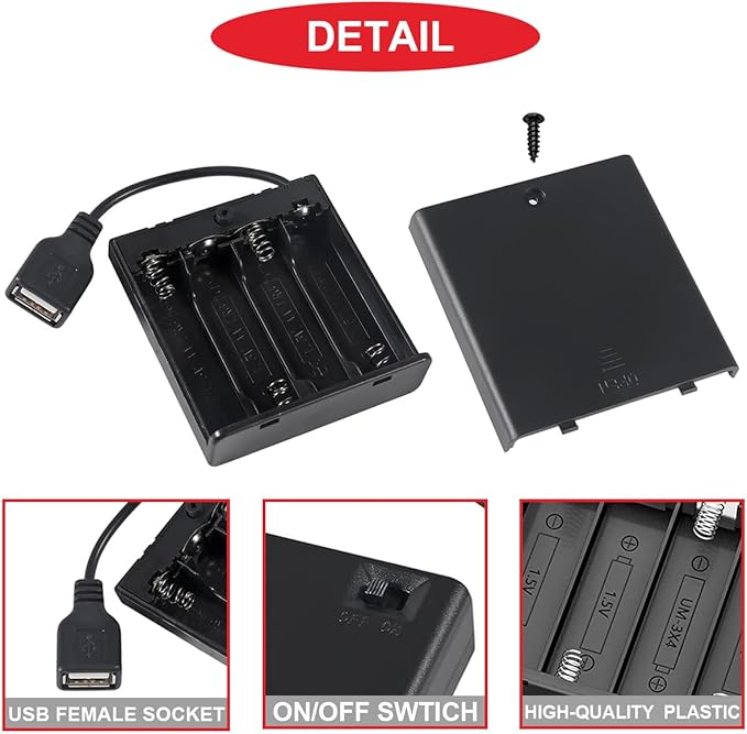 5 Pcs 4 AA Battery Holder, USB Female Socket, 4 x 1.5V AA Battery Box Holder with Cover (Batteries are not Included), ON/Off Switch, Screw,for Arduino RC LED Strip