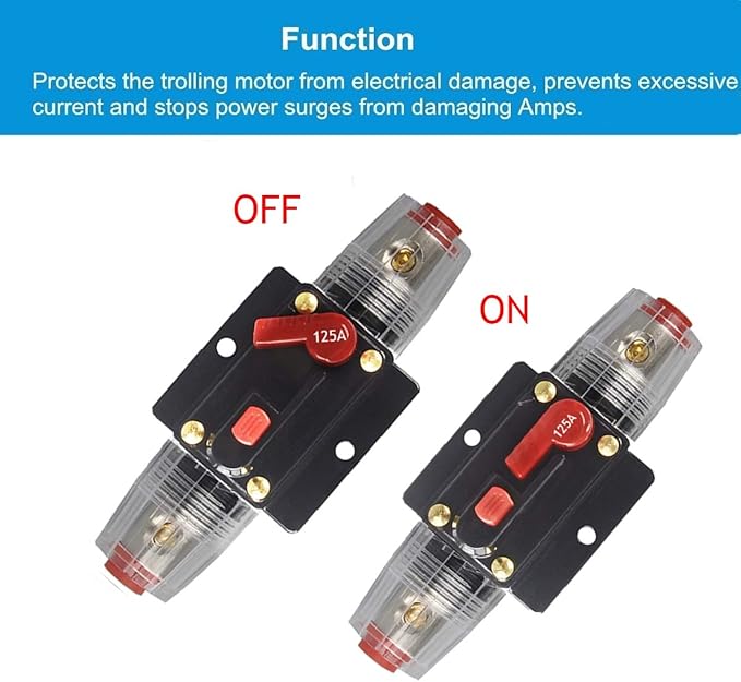 30A 40A 50A 60A 80A 100A 125A 150A Audio Circuit Breaker Auto Car Stereo Inline Fuse Holders Inverter, Manual Reset 12V-24V DC for Automotive Marine Boat Audio System Protection (125A)