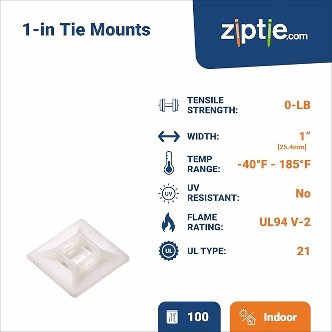ZipTie.com 1-inch Natural Zip Tie Mounts, UL 21 Listed, 100-Pack