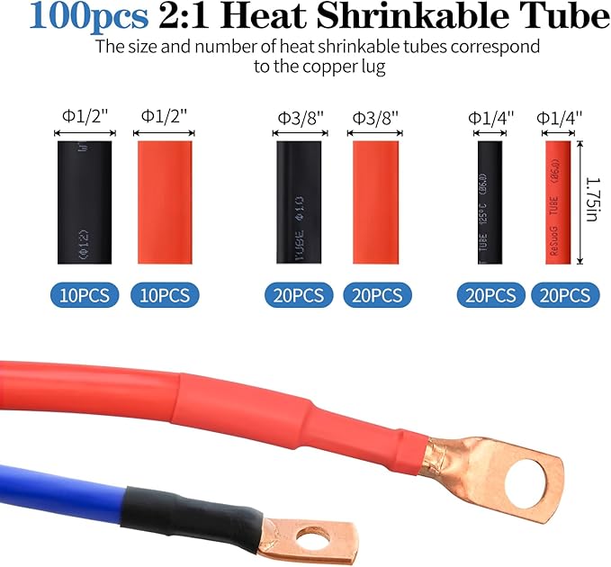 Cable Lug Crimping Tool with 84pcs Copper Wire Lugs, 100pcs Dual Wall Adhesive Heat Shrink Tubing, Wire Crimping Tool for AWG 10-1/0 Electrical Lug Crimper