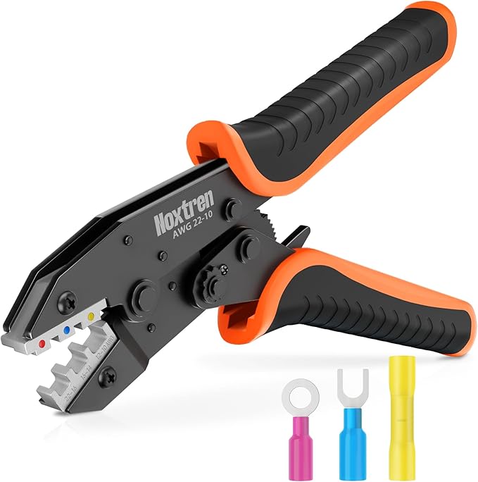 Crimping Tool For Heat Shrink Connectors - AWG 22-10 Ratcheting Wire Crimper Tool - Ratchet Wire Terminal Crimping Pliers - Available For Insulated Nylon Electrical Wire Connectors