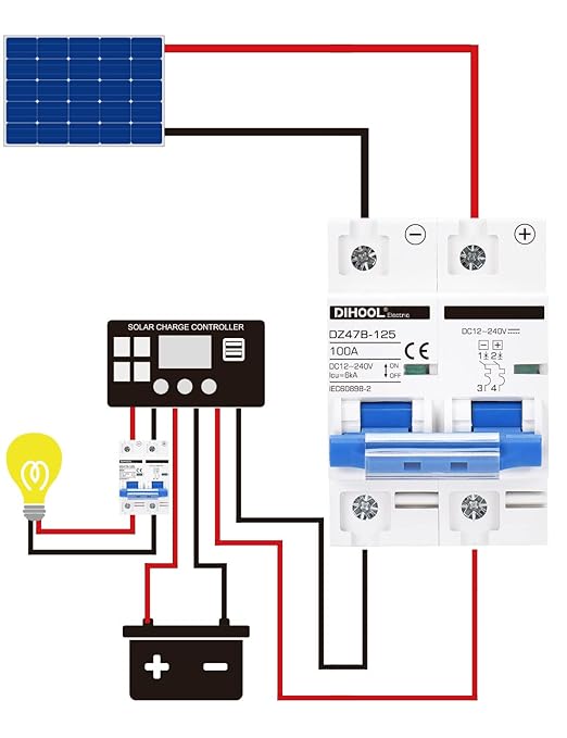 DIHOOL DC Circuit Breaker,100A 2 Pole,12V to 240 Volt Solar Disconnect Switch,DIN Rail Mount