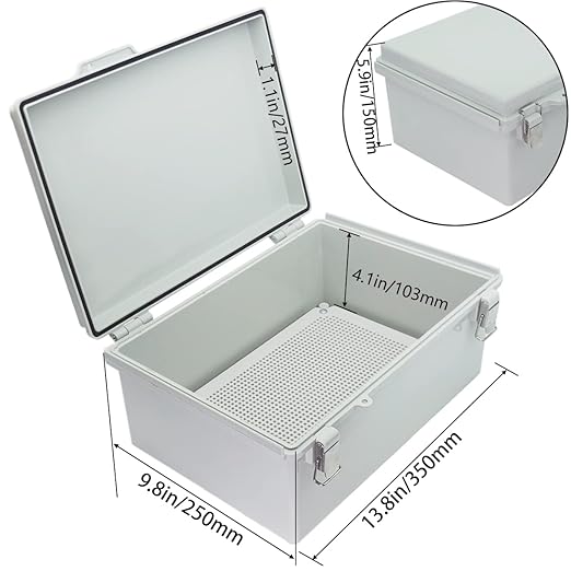 Junction Box, Hinged Cover Stainless Steel Latch IP67 Waterproof ABS Project Box with 2 Cable Glands, Electrical Box Enclosure with Mounting Plate & Wall Bracket 13.8 x 9.8 x 5.9inch