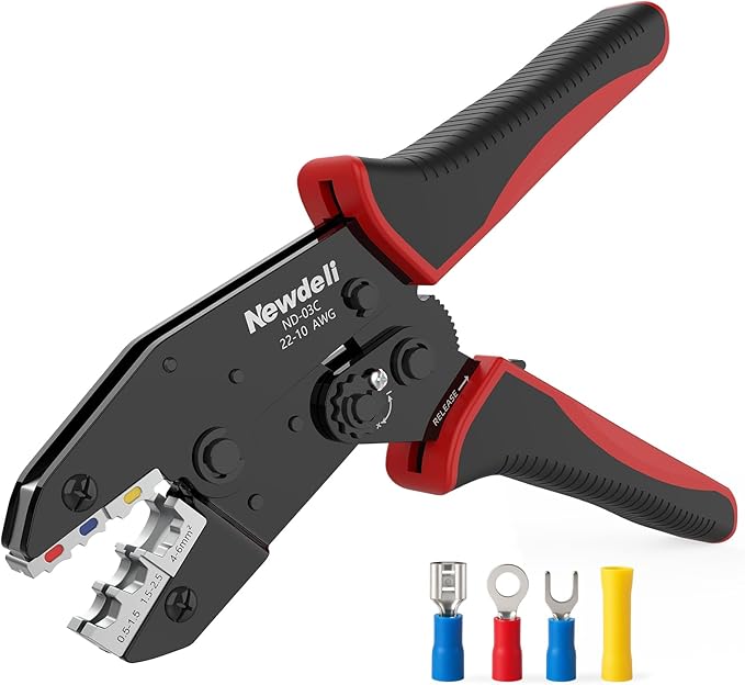 Newdeli Wire Crimping Tool for Insulated Wire Connectors - AWG 22-10 Ratchet Wire Crimper Tool Electrical Wire Terminal Connectors Ratcheting Crimping Plier Crimp Tool