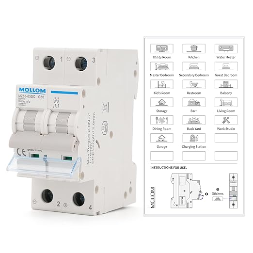 MOLLOM DC 2 Pole Miniature Circuit Breaker, 500V 50Amps, C50 Scene Visualization Custom MCB Thermal Magnetic Trip, 6KA Breaking Capacity DC Disconnect Switch for Solar PV System