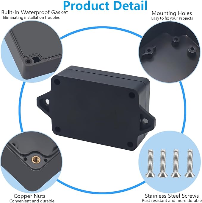 Project Box ABS Black Electrical Boxes IP67 Outdoor Waterproof Box Electronic Junction Box Power Enclosure with Cable Glands for DIY Project with Mounting Ear 3.3 x 2.3 x 1.3inch