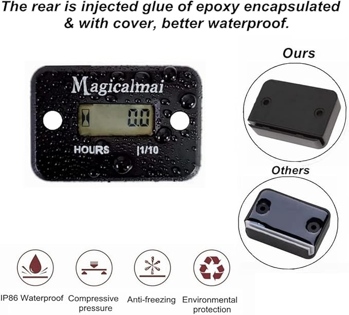 2pcs Magicalmai Inductive Hour Meter for Gas Engine Generator Lawn Mower Pressure Washer Marine ATV Boat Outboard Motor Dirt Bike Motorcycle Waterproof Hr Meters - Black