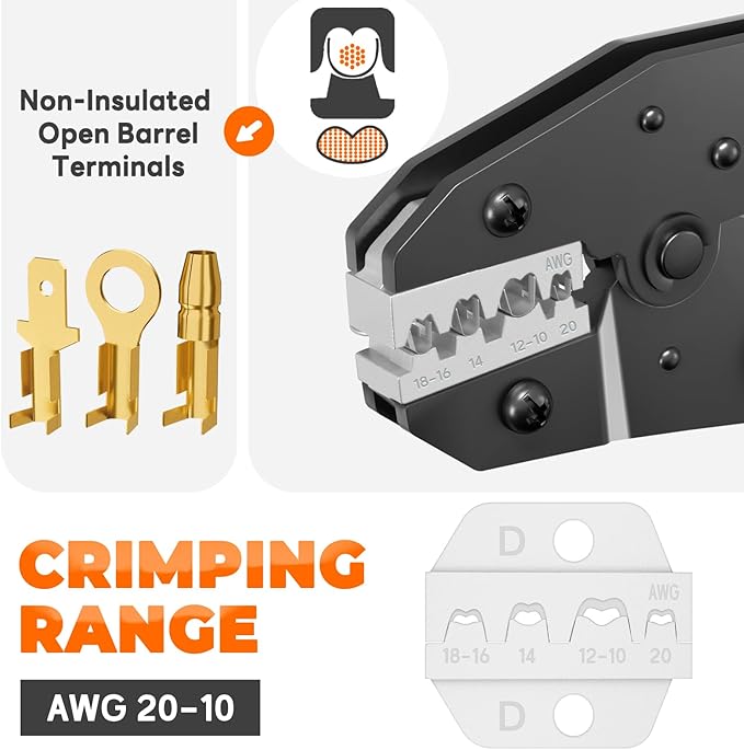 Crimping Tool for Non-Insulated Open Barrel Terminals Receptacles - AWG 20-10 Ratcheting Wire Crimper Tool - Ratchet Wire Terminal Crimping Pliers - Wire Crimping Tool for Molex