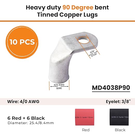 SELTERM 10pcs - 4/0 AWG 3/8" Stud - 90° Bent Battery Lugs - Ring Terminal Connectors with 12pcs 3:1 Black & Red 1" Heat Shrink Tubing - Heavy Duty Battery Cable Ends - Tinned Copper Wire Connector Kit