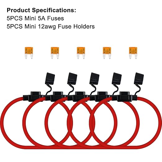 MuHize in Line Fuse Holders - Upgraded 12AWG Waterproof Fuse Holder with 5A Blade Fuses ATM, 12V 5 Pack Fuses Holders for Marine RV, Quick Connect, No Splicing Needed