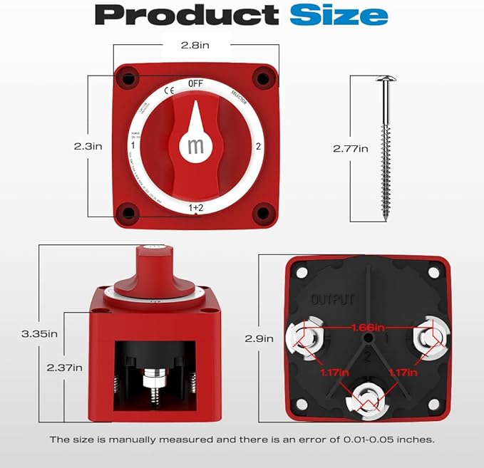 Battery Disconnect Switch, Malictele 300A 1-Both-2-Off Heavy Duty Cutoff Switch 12V-48V Waterproof Ignition Protected Power Kill Switch with Knob for Marine, Boat, Car, RV, Truck Battery - 4 Position