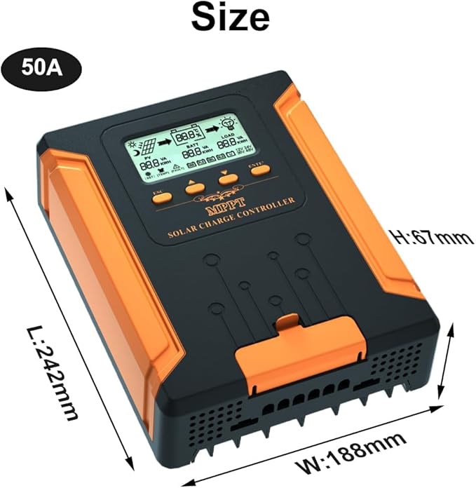 50A 180V MPPT Solar Charge Controller 12V/24V/36V/48V Auto, Heat-Dissipating Metal Housing, Dual Fans, and LCD Display, for LiFePO4, Gel, Lithium, SLD, FLD, and Ternary Battery