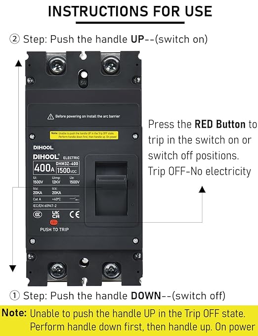 DIHOOL 400 Amp DC Circuit Breaker,2P 1500V 20kA,Heavy Duty Battery Disconnect Switch with Thermal Magnetic Trip for Solar System