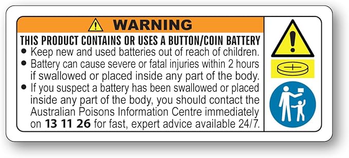 Australia ISO Compliant 1 Roll of 1,000 Button Cell or Coin Battery Warning Stickers Small 48 mm x 20 mm Ingestion Hazard Child Safety Labels for Consumer Goods Packaging Legible Text Oil/Water-Proof