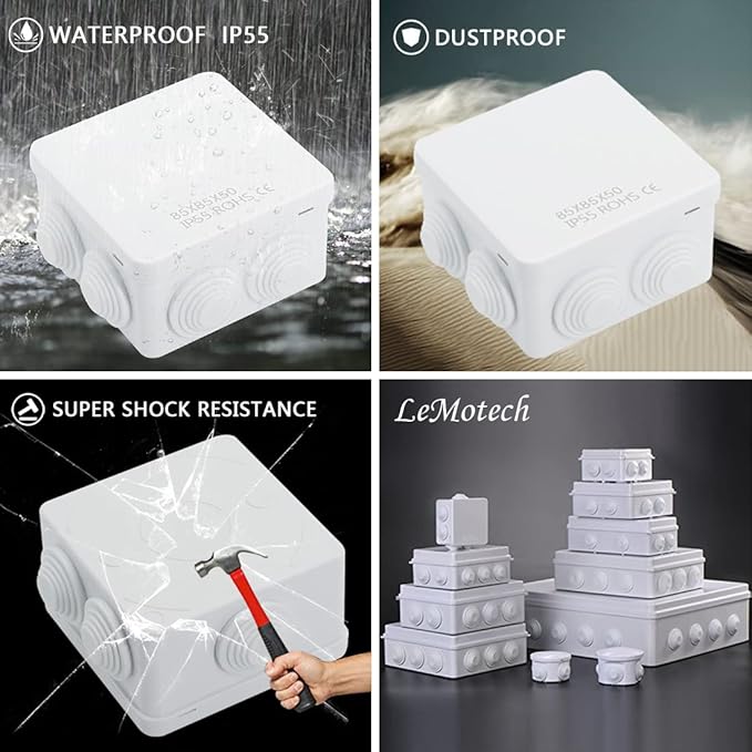LeMotech ABS Plastic Dustproof Water Resistant IP55 Junction Box Universal Electrical Project Enclosure White 3.4 x 3.4 x 2 inch (85 x 85 x 50 mm)
