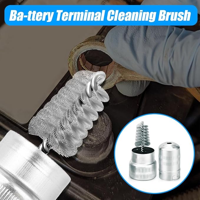 Battery Brush, Battery Cable Cleaner, Dirt Corrosion Brushes, Battery Terminal Anti Corrosion Washers, Car Battery Cleaner Tool with 12Pcs Protector Fibe and 2Pcs Cleaning Brush for Car