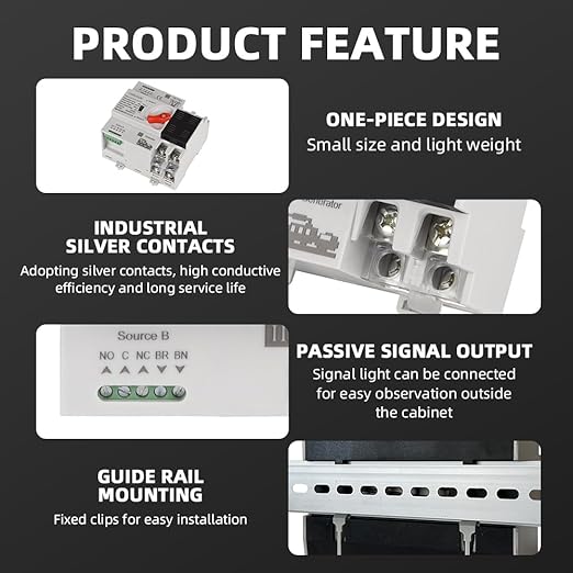 Automatic Transfer Switch ATS 2P 100A 230V Dual Power Electrical Selector Switch Din Rail Type Millisecond Switching