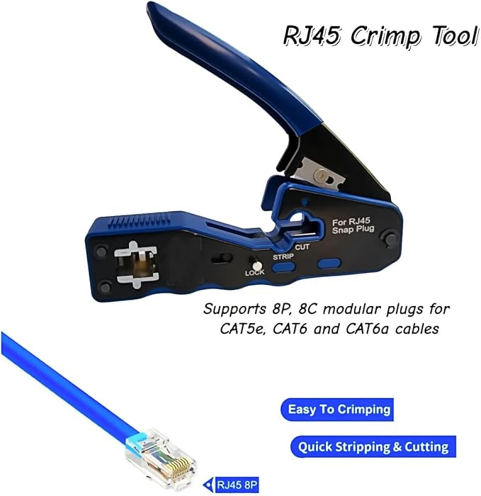 RJ45 Crimp Tool 8P RJ45 Crimping Tool Pass Through Ethernet Crimper for Cat5e Cat6 Cat6a 8P8C Modular Connectors Crimping Tool (Blue)
