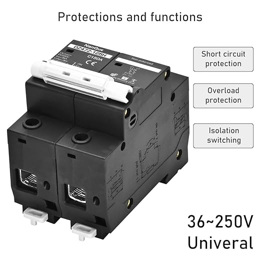 DC Circuit Breaker 36V to 250V Large Current Max 150A Black Color DIN Rail Mounting 2 Poles Thermomagnetic Short Circuit Overload Protector Solar Panel Battery Switchs (150A)