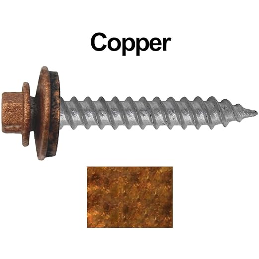 Metal Roofing Screw: (250) 12 x 1-1/2" Copper Hex Sheet Metal Roof Screw. Sharp Point Metal to Wood siding Screws. 5/8" EPDM Washer.